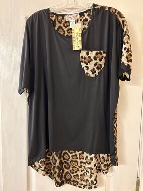 Lady Noiz Black Short Sleeve Top with Leopard Trim